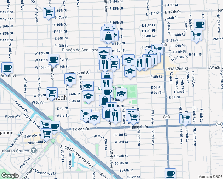 map of restaurants, bars, coffee shops, grocery stores, and more near 651 East 4th Avenue in Hialeah