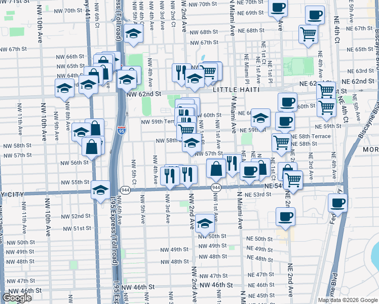 map of restaurants, bars, coffee shops, grocery stores, and more near in Miami