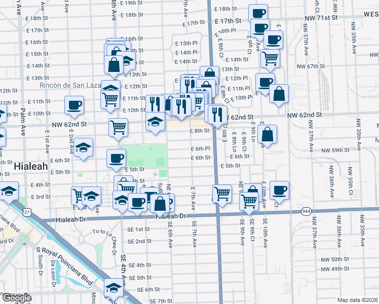 map of restaurants, bars, coffee shops, grocery stores, and more near 660 East 7th Street in Hialeah