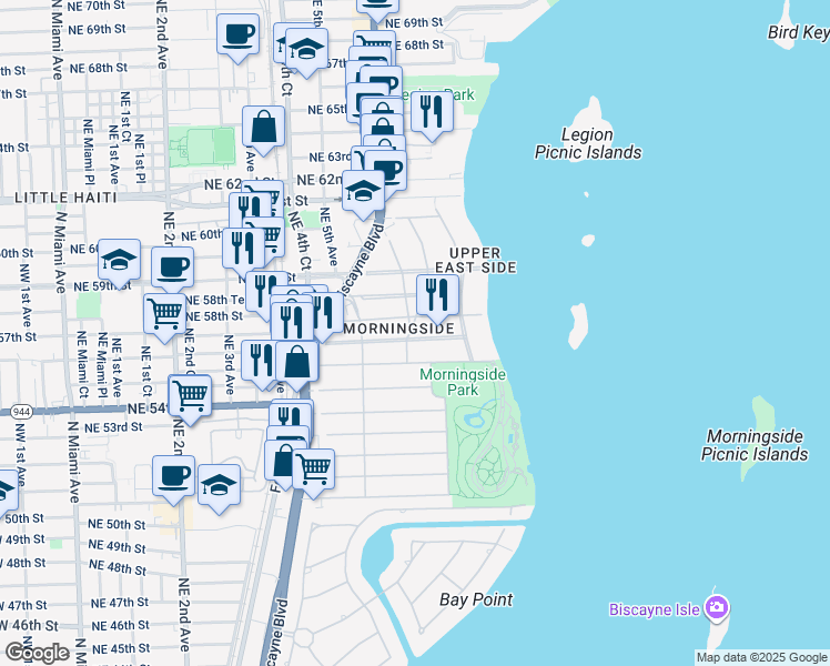 map of restaurants, bars, coffee shops, grocery stores, and more near 600 Northeast 57th Street in Miami