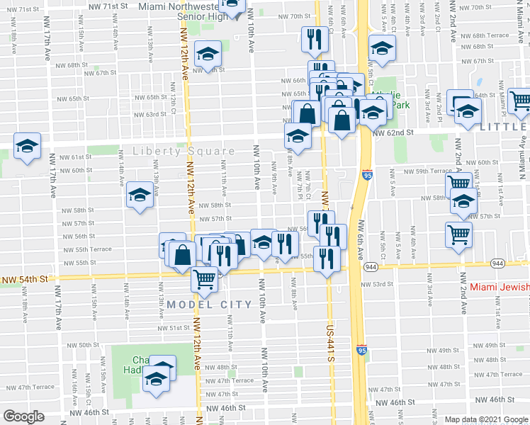 map of restaurants, bars, coffee shops, grocery stores, and more near in Miami