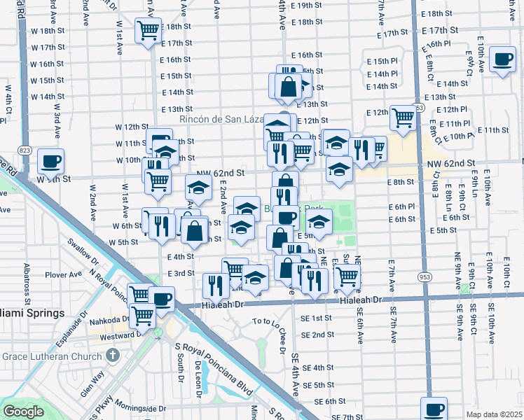 map of restaurants, bars, coffee shops, grocery stores, and more near 719 East 3rd Avenue in Hialeah