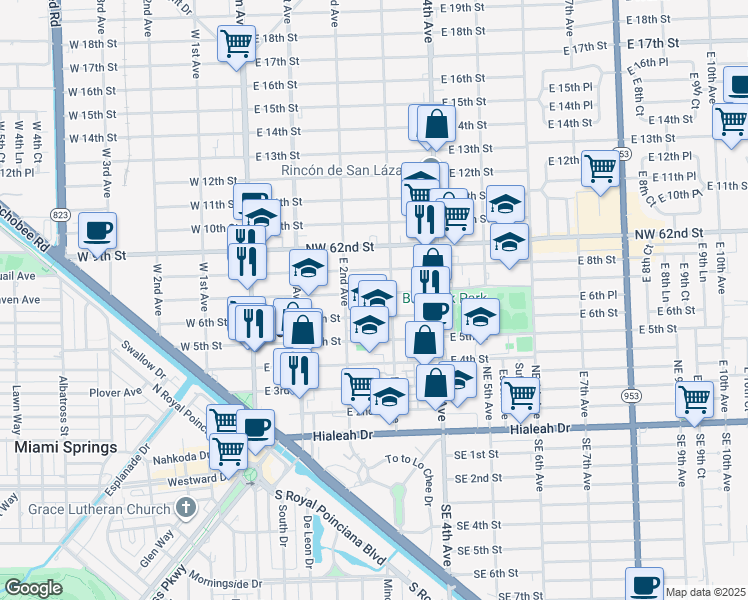 map of restaurants, bars, coffee shops, grocery stores, and more near 215 East 7th Street in Hialeah