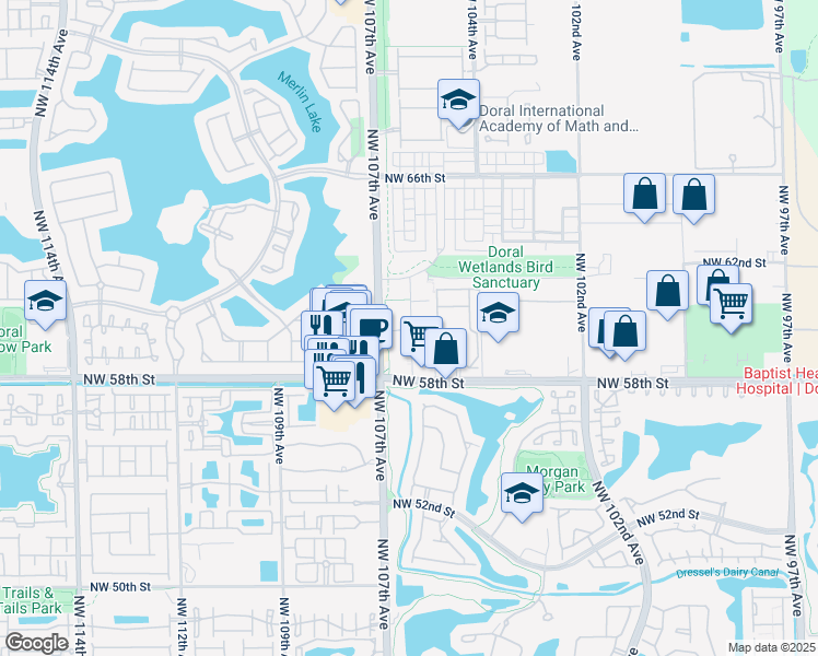 map of restaurants, bars, coffee shops, grocery stores, and more near 5955 Northwest 107th Avenue in Doral