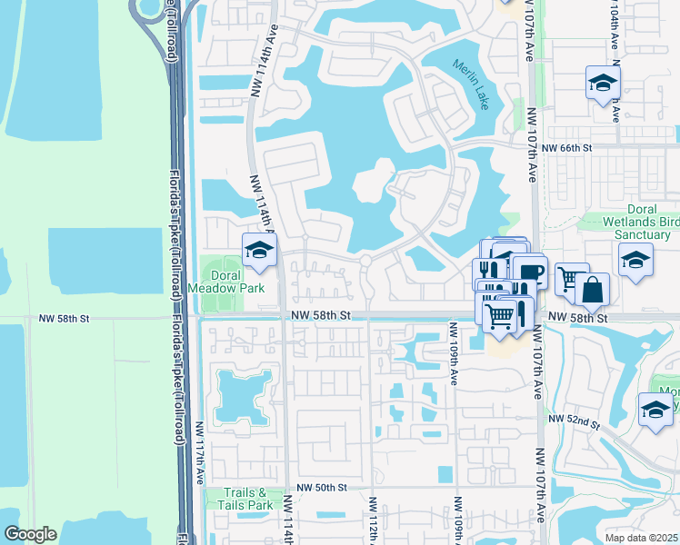 map of restaurants, bars, coffee shops, grocery stores, and more near 11245 Northwest 59th Terrace in Doral