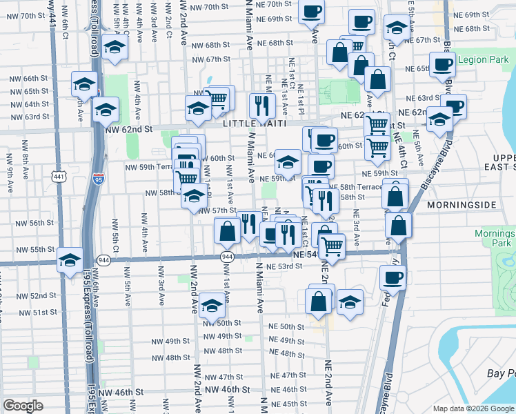map of restaurants, bars, coffee shops, grocery stores, and more near 5801 North Miami Avenue in Miami