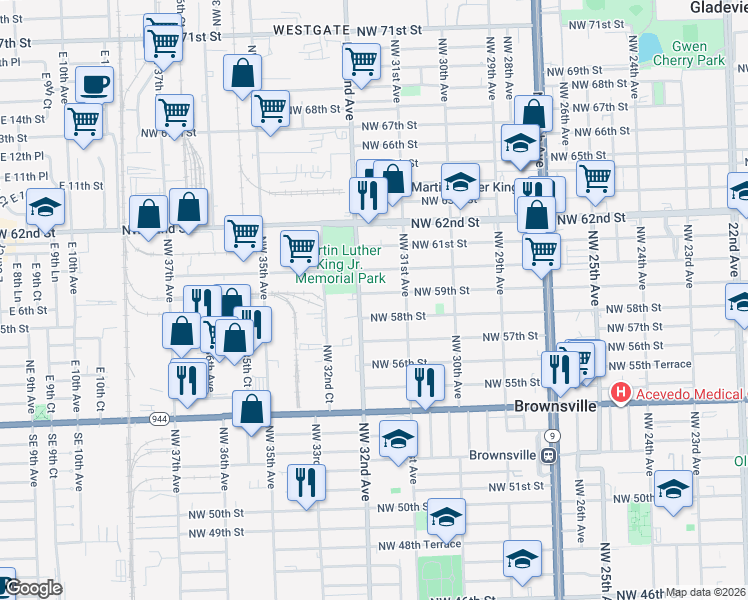 map of restaurants, bars, coffee shops, grocery stores, and more near 3169 Northwest 59th Street in Miami