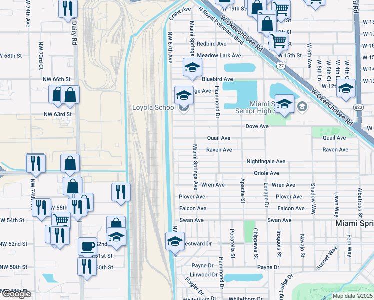 map of restaurants, bars, coffee shops, grocery stores, and more near 1202 Quail Avenue in Miami Springs