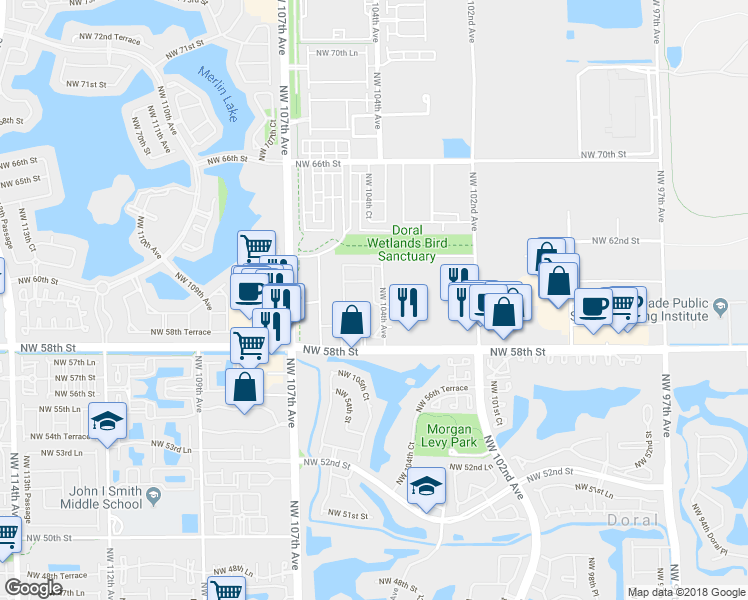 map of restaurants, bars, coffee shops, grocery stores, and more near 6035 Northwest 104th Court in Doral