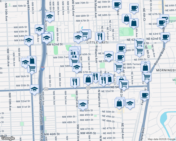 map of restaurants, bars, coffee shops, grocery stores, and more near 88 Northwest 58th Street in Miami