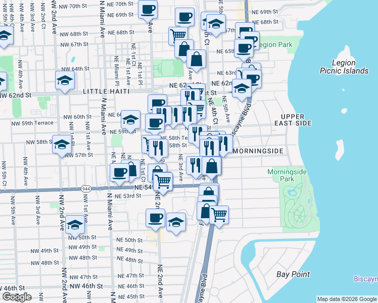 map of restaurants, bars, coffee shops, grocery stores, and more near 5732 Northeast 58th Street in Miami