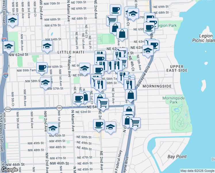 map of restaurants, bars, coffee shops, grocery stores, and more near 5750 Northeast 3rd Avenue in Miami