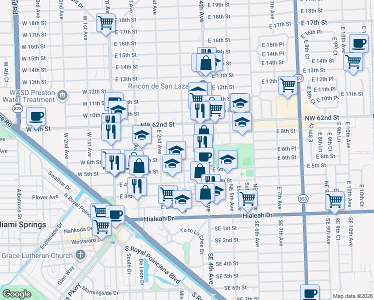 map of restaurants, bars, coffee shops, grocery stores, and more near 719 East 3rd Avenue in Hialeah