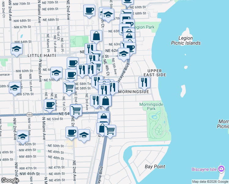map of restaurants, bars, coffee shops, grocery stores, and more near 5700 Northeast 5th Avenue in Miami