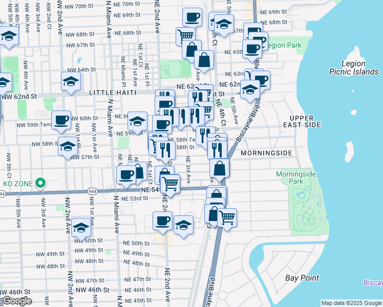map of restaurants, bars, coffee shops, grocery stores, and more near 5750 Northeast 3rd Avenue in Miami