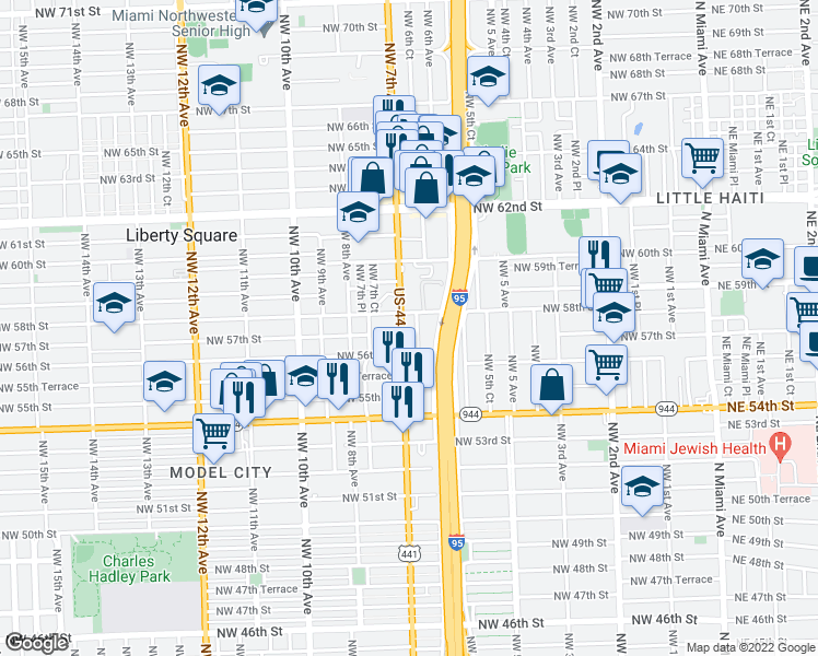 map of restaurants, bars, coffee shops, grocery stores, and more near 5789 Northwest 7th Avenue in Miami