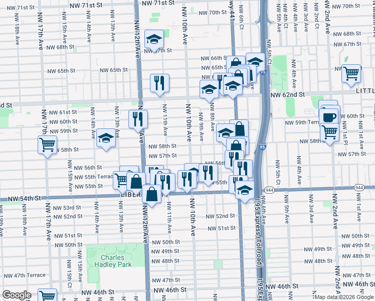 map of restaurants, bars, coffee shops, grocery stores, and more near in Miami