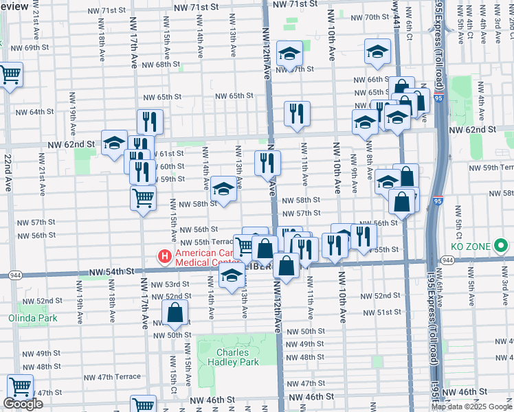 map of restaurants, bars, coffee shops, grocery stores, and more near 1205 Northwest 58th Street in Miami