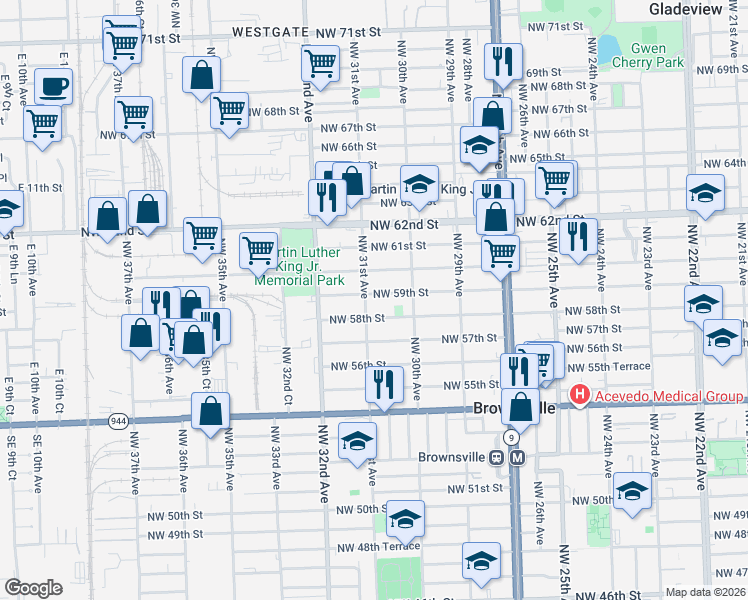 map of restaurants, bars, coffee shops, grocery stores, and more near 3093 Northwest 59th Street in Miami