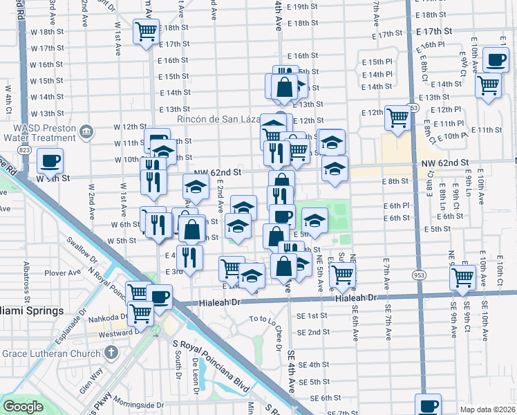 map of restaurants, bars, coffee shops, grocery stores, and more near 719 East 3rd Avenue in Hialeah