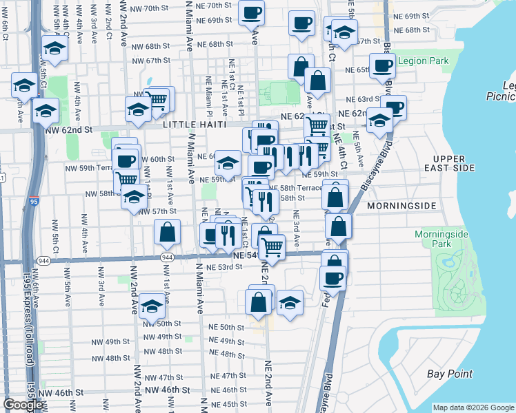 map of restaurants, bars, coffee shops, grocery stores, and more near 5715 Northeast 1st Court in Miami