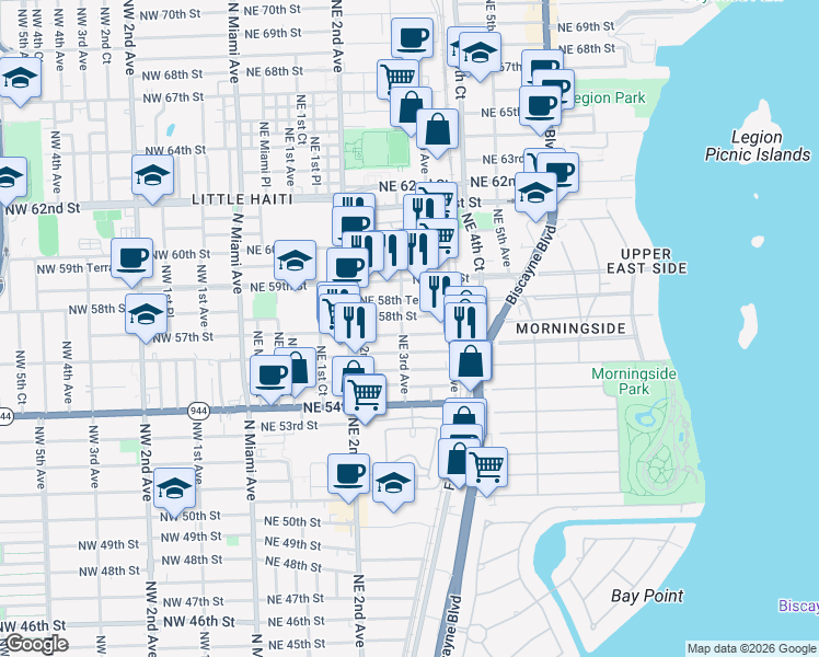 map of restaurants, bars, coffee shops, grocery stores, and more near 5750 Northeast 3rd Avenue in Miami