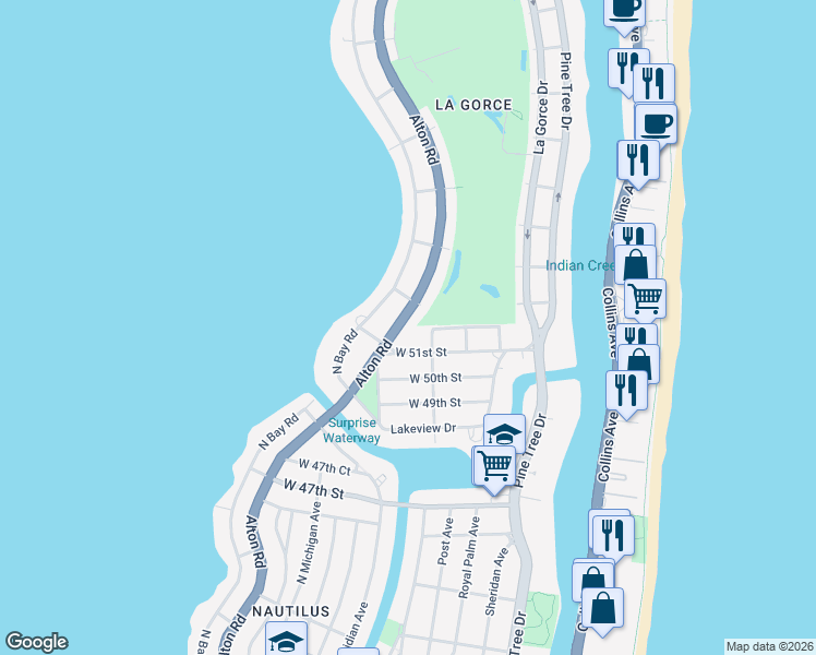 map of restaurants, bars, coffee shops, grocery stores, and more near 5165 Alton Road in Miami Beach