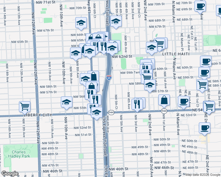 map of restaurants, bars, coffee shops, grocery stores, and more near 550 Northwest 58th Street in Miami