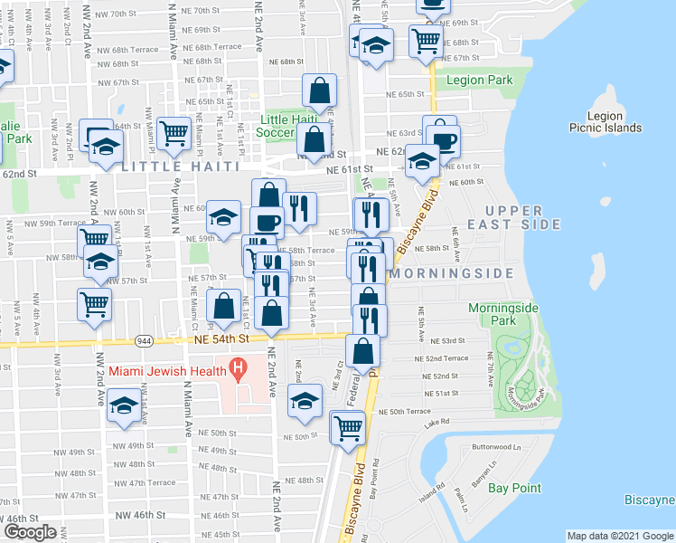 map of restaurants, bars, coffee shops, grocery stores, and more near 5732 Northeast 58th Street in Miami