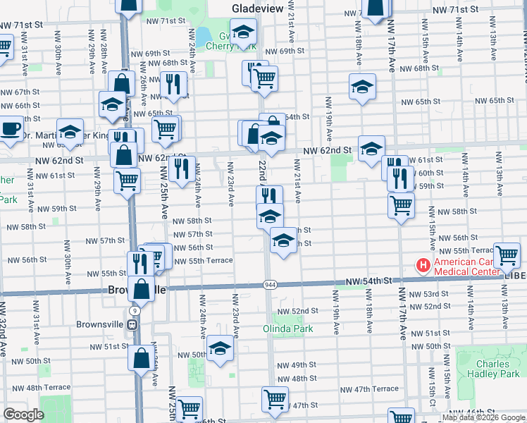 map of restaurants, bars, coffee shops, grocery stores, and more near 2228 Northwest 59th Street in Miami
