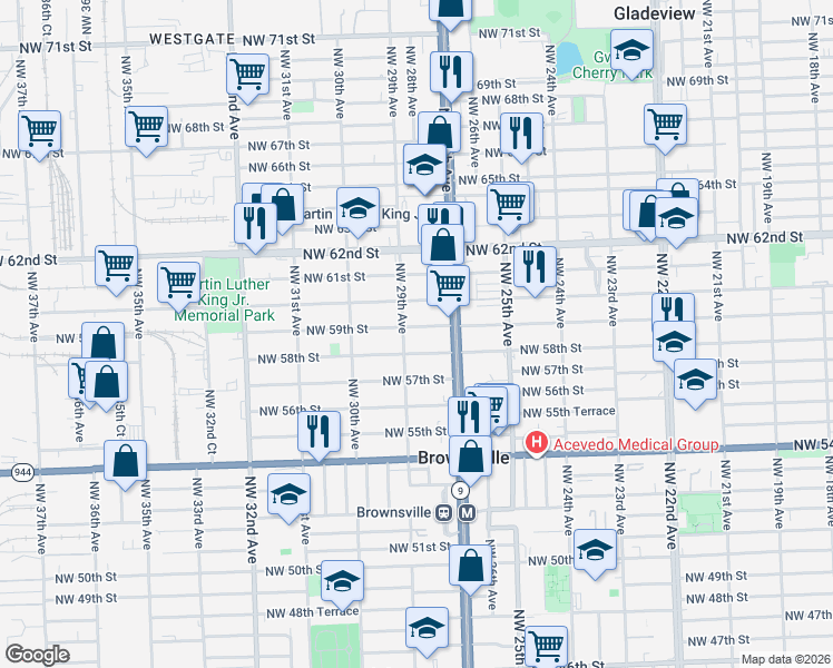 map of restaurants, bars, coffee shops, grocery stores, and more near 2781 Northwest 59th Street in Miami