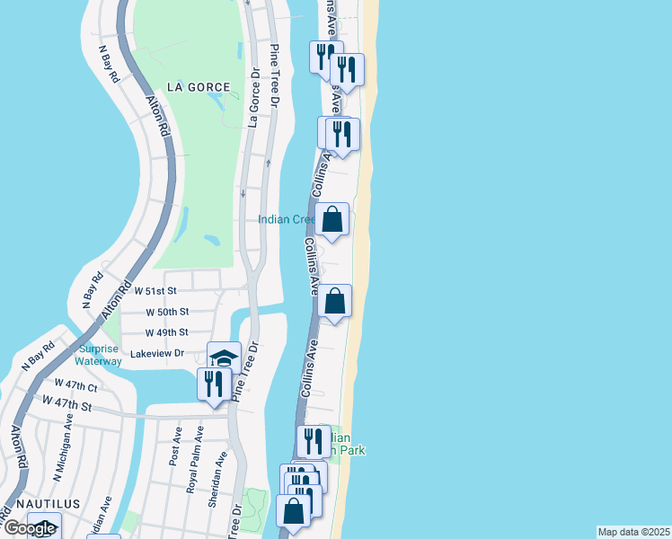 map of restaurants, bars, coffee shops, grocery stores, and more near 5101 Collins Avenue in Miami Beach