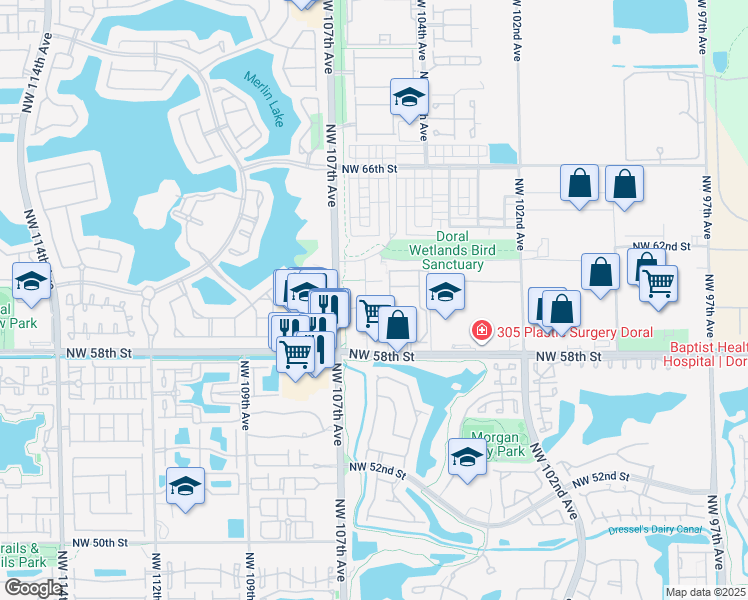 map of restaurants, bars, coffee shops, grocery stores, and more near 6055 Northwest 105th Court in Doral