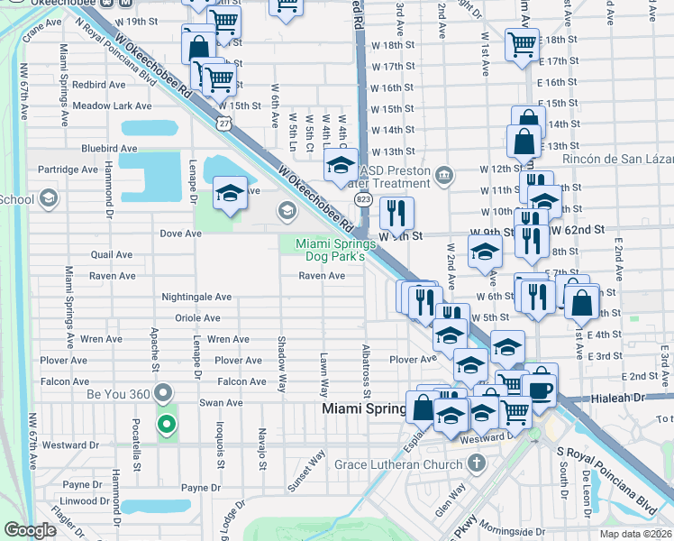 map of restaurants, bars, coffee shops, grocery stores, and more near 520 Quail Avenue in Miami Springs