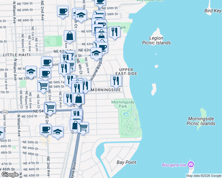 map of restaurants, bars, coffee shops, grocery stores, and more near 600 Northeast 57th Street in Miami
