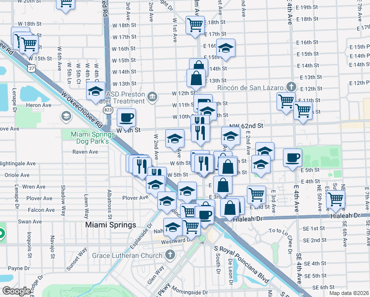 map of restaurants, bars, coffee shops, grocery stores, and more near 66 West 8th Street in Hialeah