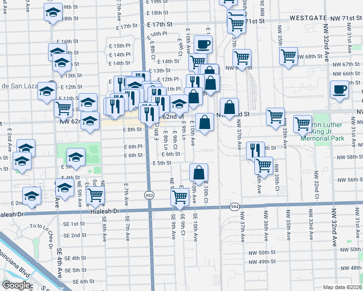 map of restaurants, bars, coffee shops, grocery stores, and more near 665 East 9th Lane in Hialeah