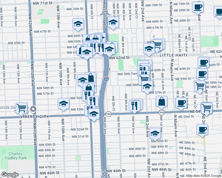 map of restaurants, bars, coffee shops, grocery stores, and more near 5728 Northwest 5th Court in Miami