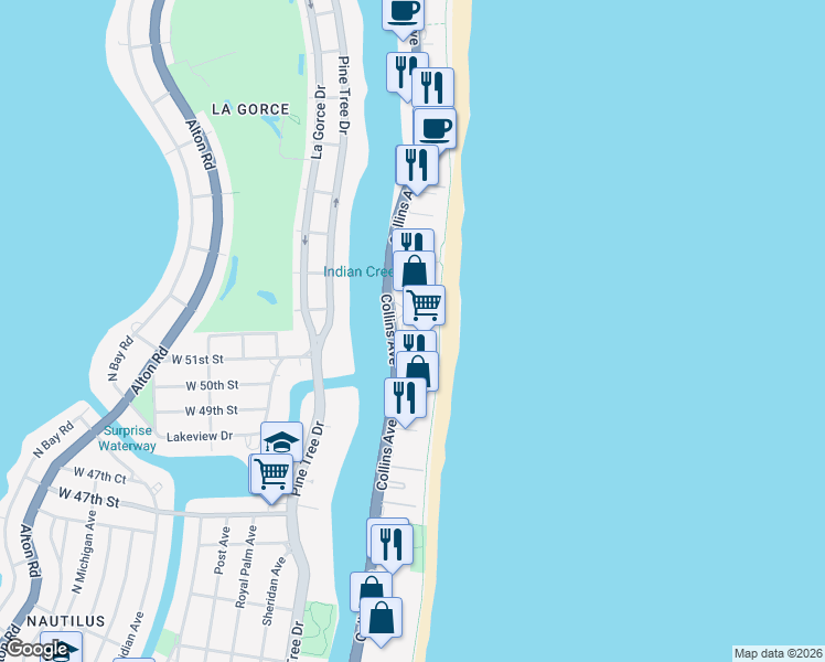 map of restaurants, bars, coffee shops, grocery stores, and more near 5101 Collins Avenue in Miami Beach