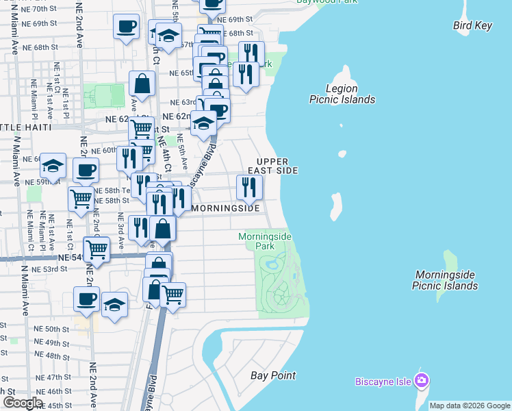 map of restaurants, bars, coffee shops, grocery stores, and more near 690 Northeast 57th Street in Miami