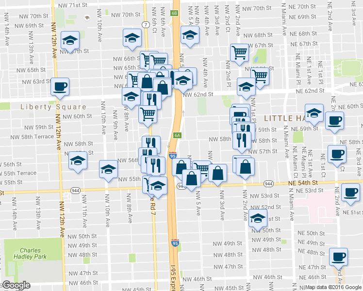 map of restaurants, bars, coffee shops, grocery stores, and more near 550 Northwest 58th Street in Miami