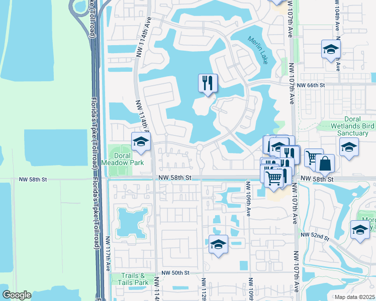 map of restaurants, bars, coffee shops, grocery stores, and more near 11245 Northwest 59th Terrace in Doral
