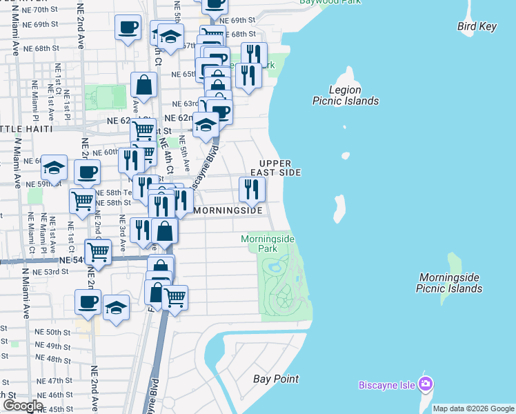 map of restaurants, bars, coffee shops, grocery stores, and more near 690 Northeast 57th Street in Miami
