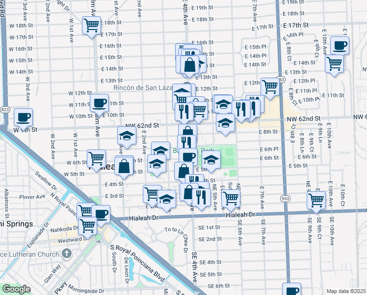 map of restaurants, bars, coffee shops, grocery stores, and more near 367 East 7th Street in Hialeah