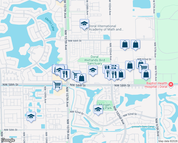 map of restaurants, bars, coffee shops, grocery stores, and more near 6313 Northwest 104th Avenue in Doral