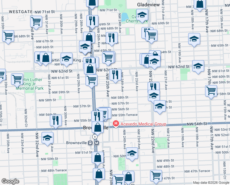 map of restaurants, bars, coffee shops, grocery stores, and more near 2450 Northwest 59th Street in Miami