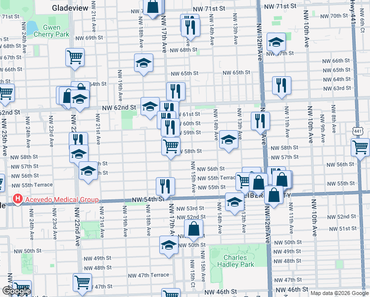 map of restaurants, bars, coffee shops, grocery stores, and more near 1513 Northwest 58th Street in Miami