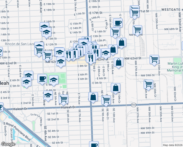 map of restaurants, bars, coffee shops, grocery stores, and more near 685 East 8th Avenue in Hialeah