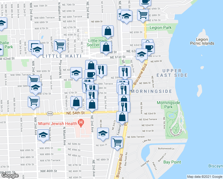 map of restaurants, bars, coffee shops, grocery stores, and more near 5732 Northeast 58th Street in Miami