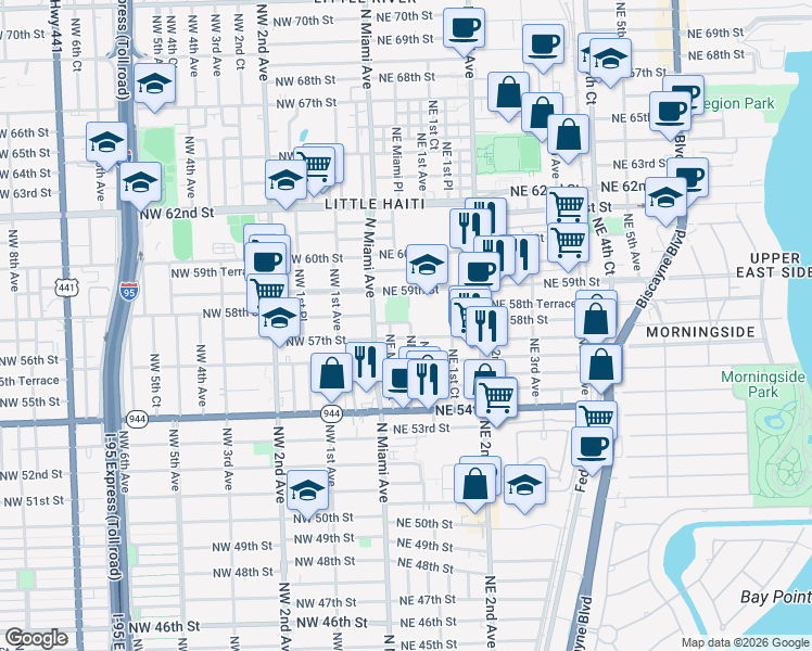 map of restaurants, bars, coffee shops, grocery stores, and more near 5720 Northeast Miami Place in Miami